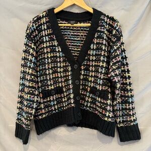 AQUA Tweed Knit Cardigan Black Multi-Color Accents Preppy Chic Classic Layering